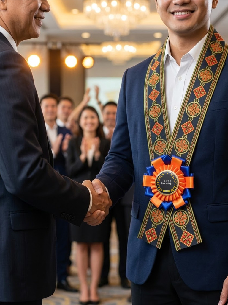 Employee wearing a handcrafted Rosette Lei with orange and blue satin rosette receiving recognition