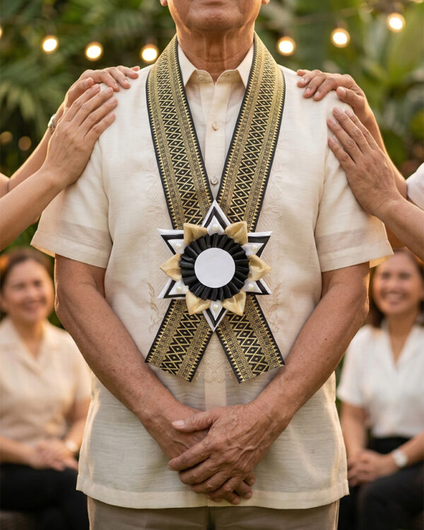 Filipino retiree wearing a handcrafted Rosette Lei with gold and black geometric necklace and star-shaped rosette