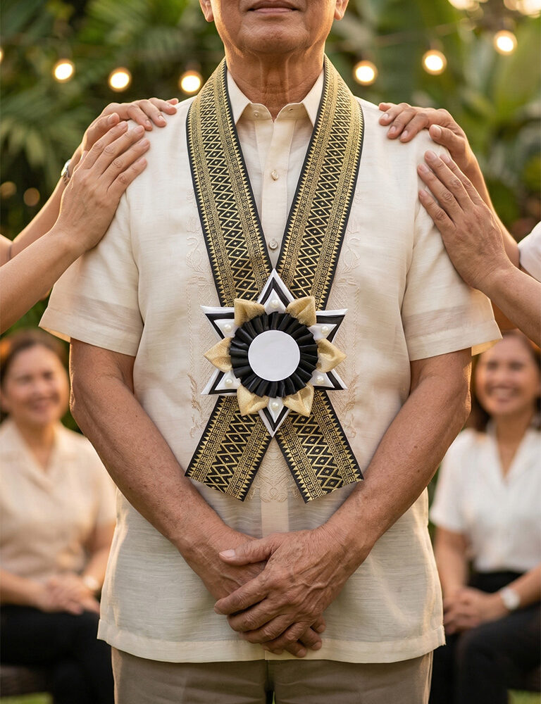 Filipino retiree wearing a handcrafted Rosette Lei with gold and black geometric necklace and star-shaped rosette