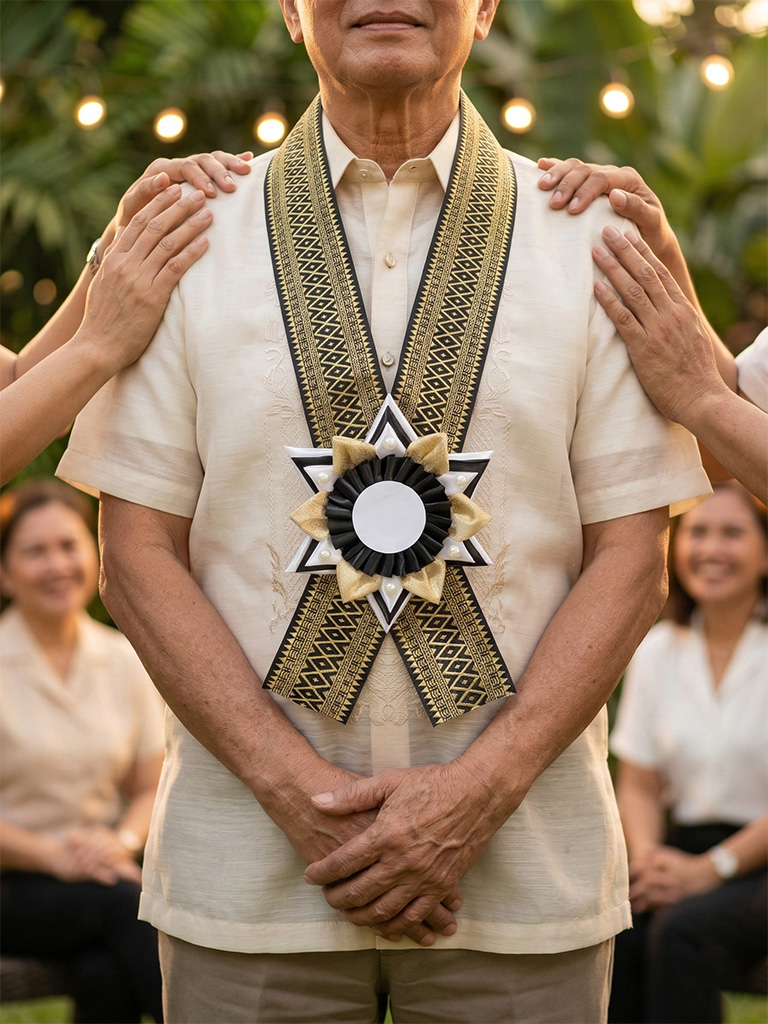 Filipino retiree wearing a handcrafted Rosette Lei with gold and black geometric necklace and star-shaped rosette