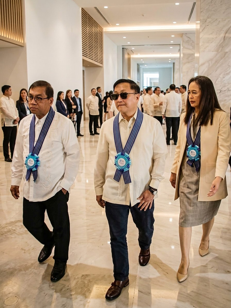 Government officials wearing handcrafted Rosette Leis with blue and white satin rosettes at a national science and technology event