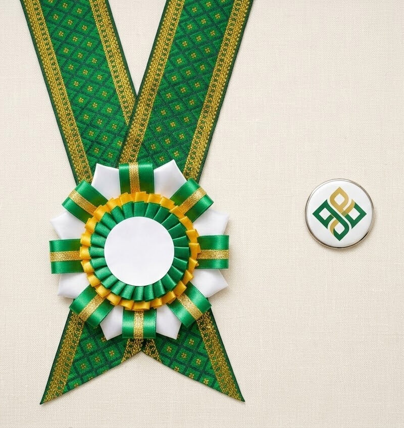 Rosette Lei flat-lay showing handcrafted rosette centerpiece with ribbon tails, woven Jacquard necklace, and custom button pin