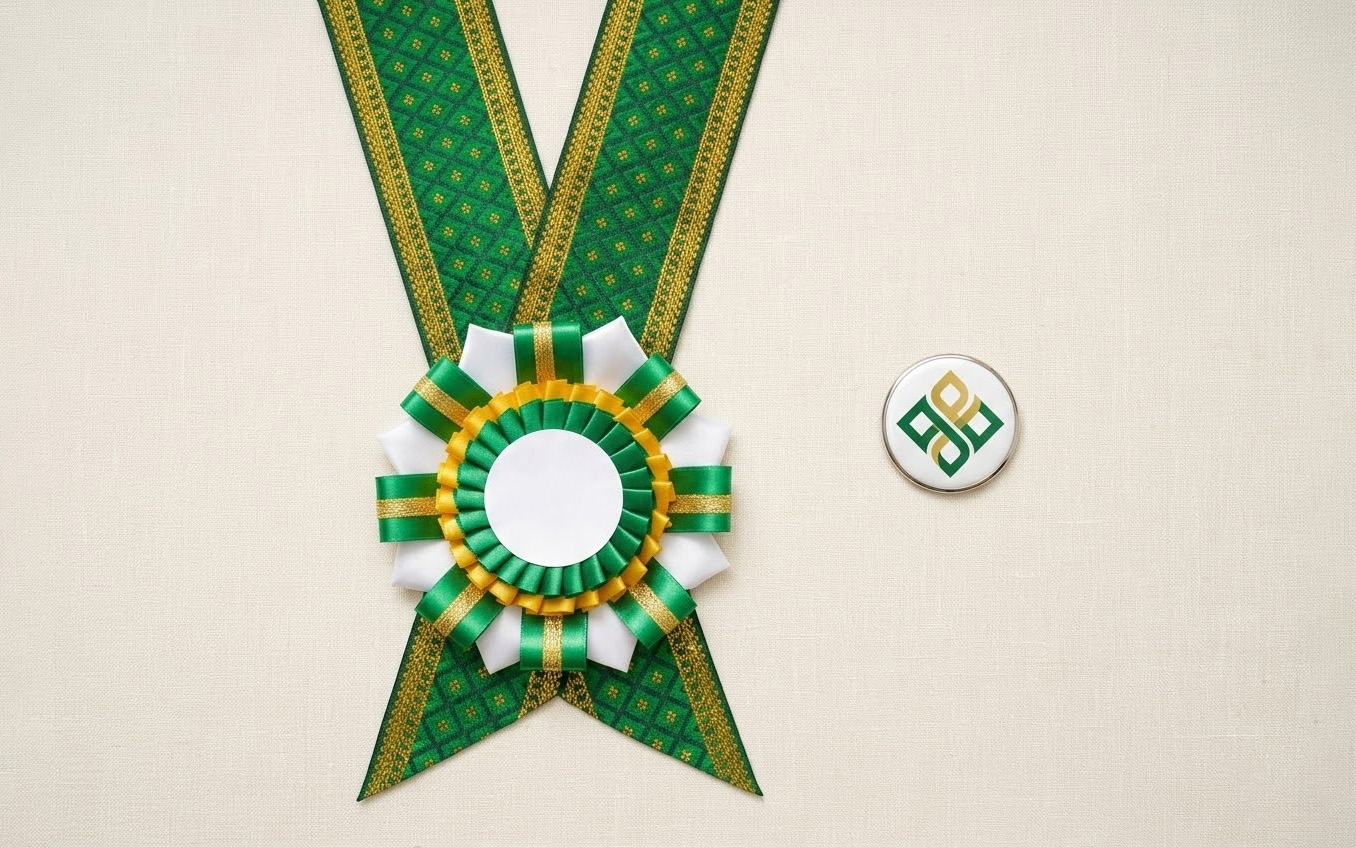 Rosette Lei flat-lay showing handcrafted rosette centerpiece with ribbon tails, woven Jacquard necklace, and custom button pin