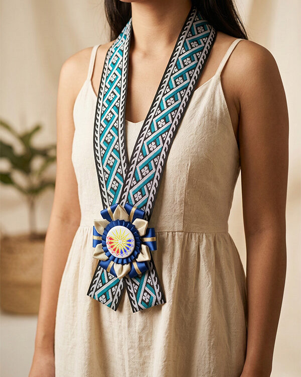 Rosette Lei with teal and black woven ribbon, handcrafted rosette, and custom button pin