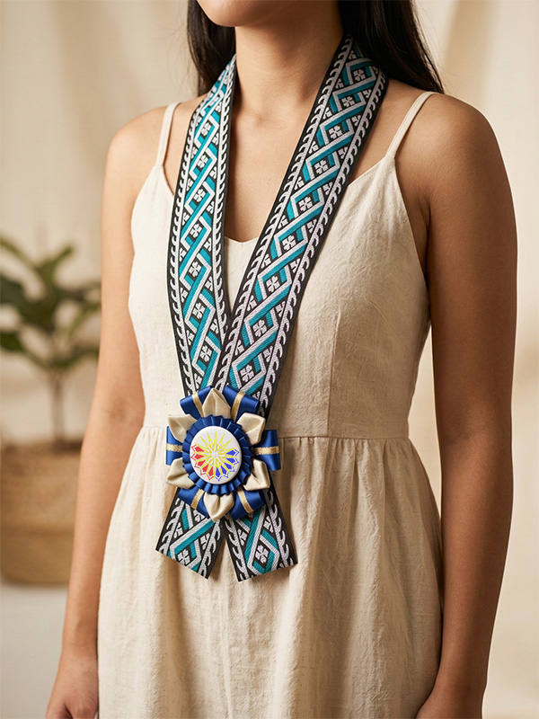 Rosette Lei with teal and black woven ribbon, handcrafted rosette, and custom button pin
