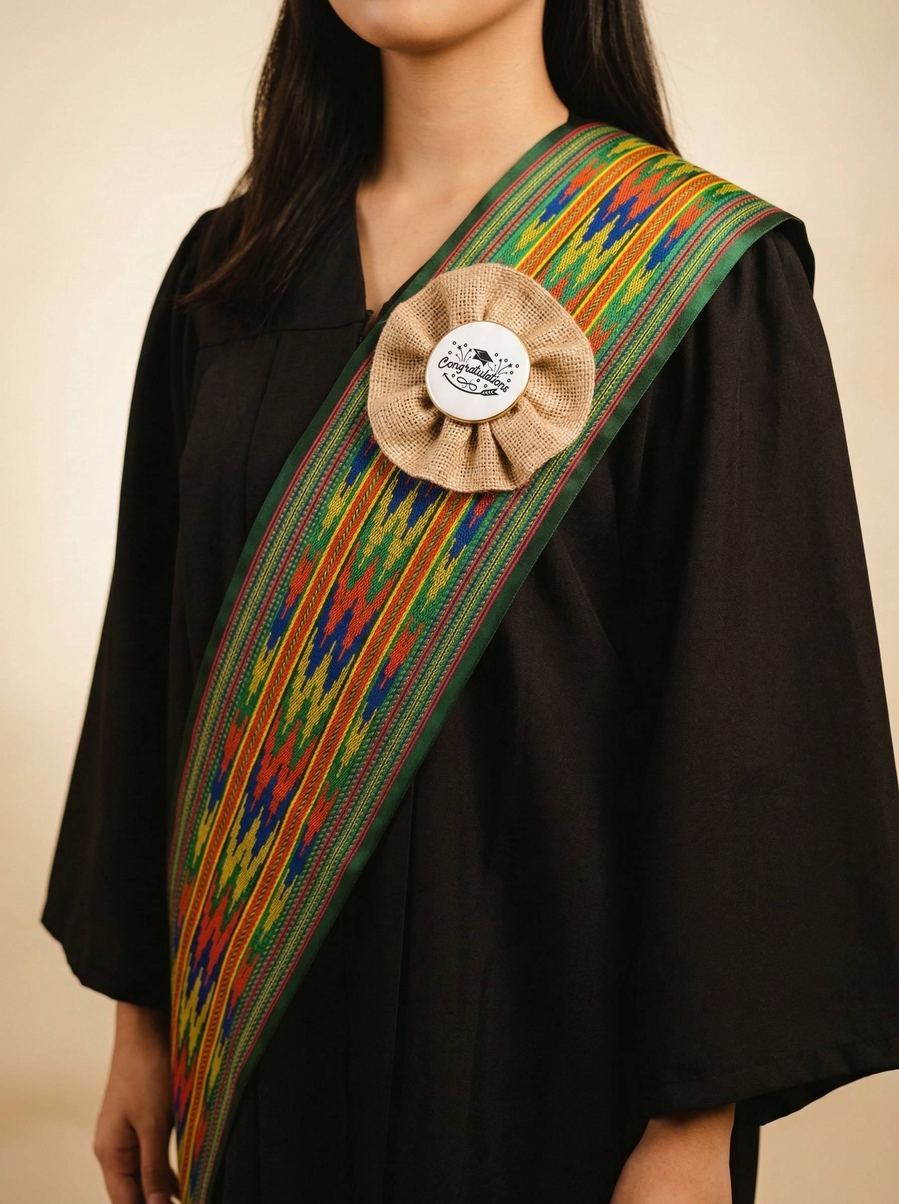 Rosette Sash with colorful woven fabric and burlap rosette accent