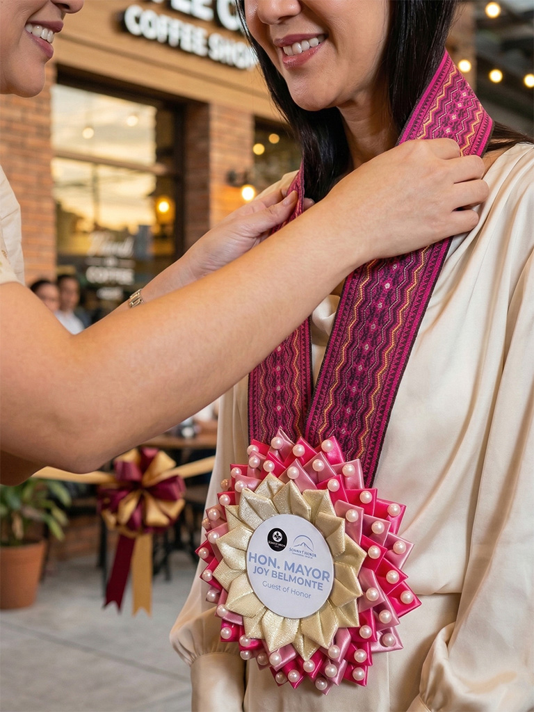 Pink VIP Rosette Lei with pearl-adorned petals being presented to a guest of honor at a Filipino event